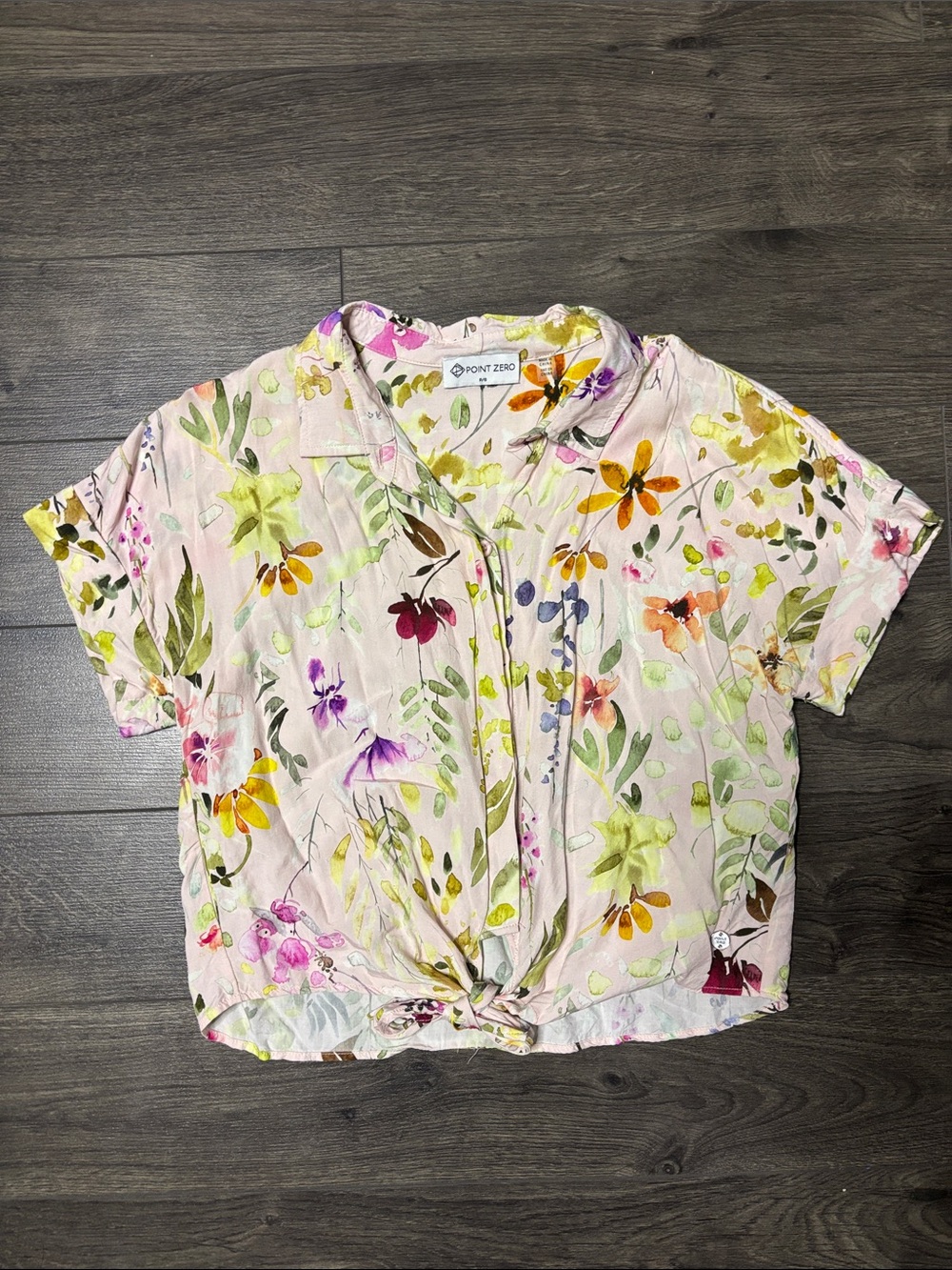 Point Zero Pastel Pink Floral Short Sleeve Button-Front Knot Blouse